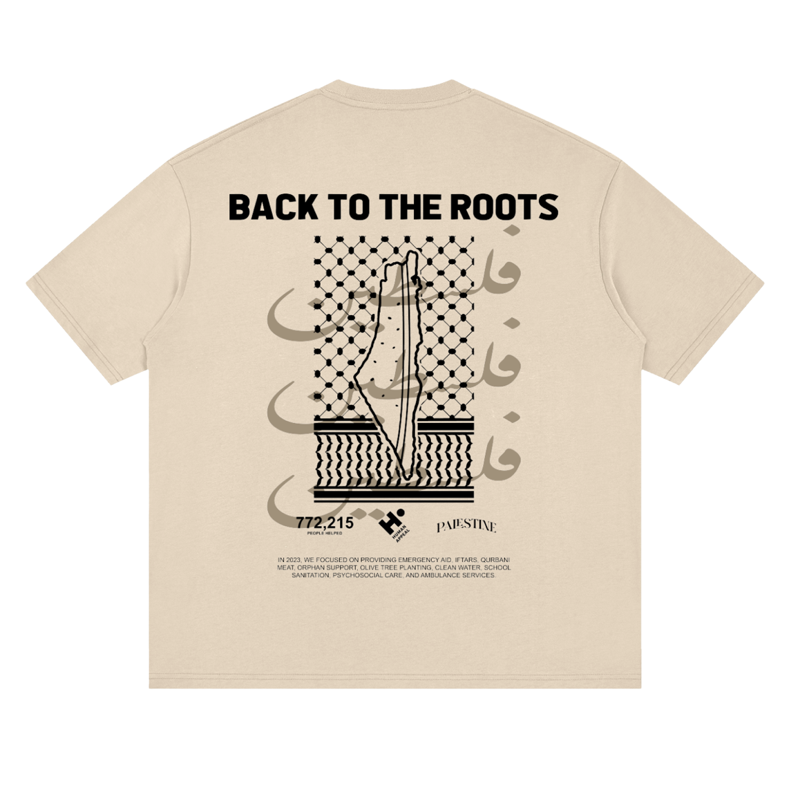Palestine Roots tee — keffiyeh back print